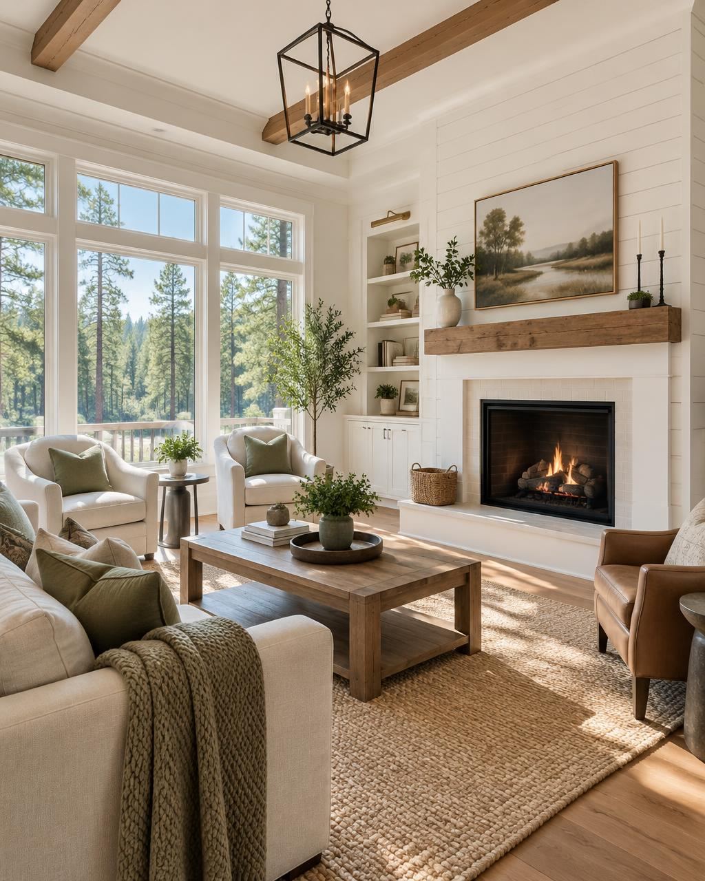 Bright North Carolina living room with a shiplap fireplace and pine-tree views, staged for sale